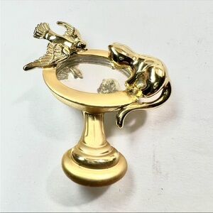 Danecraft bird and cat on mirrored birdbath brooch . Signed